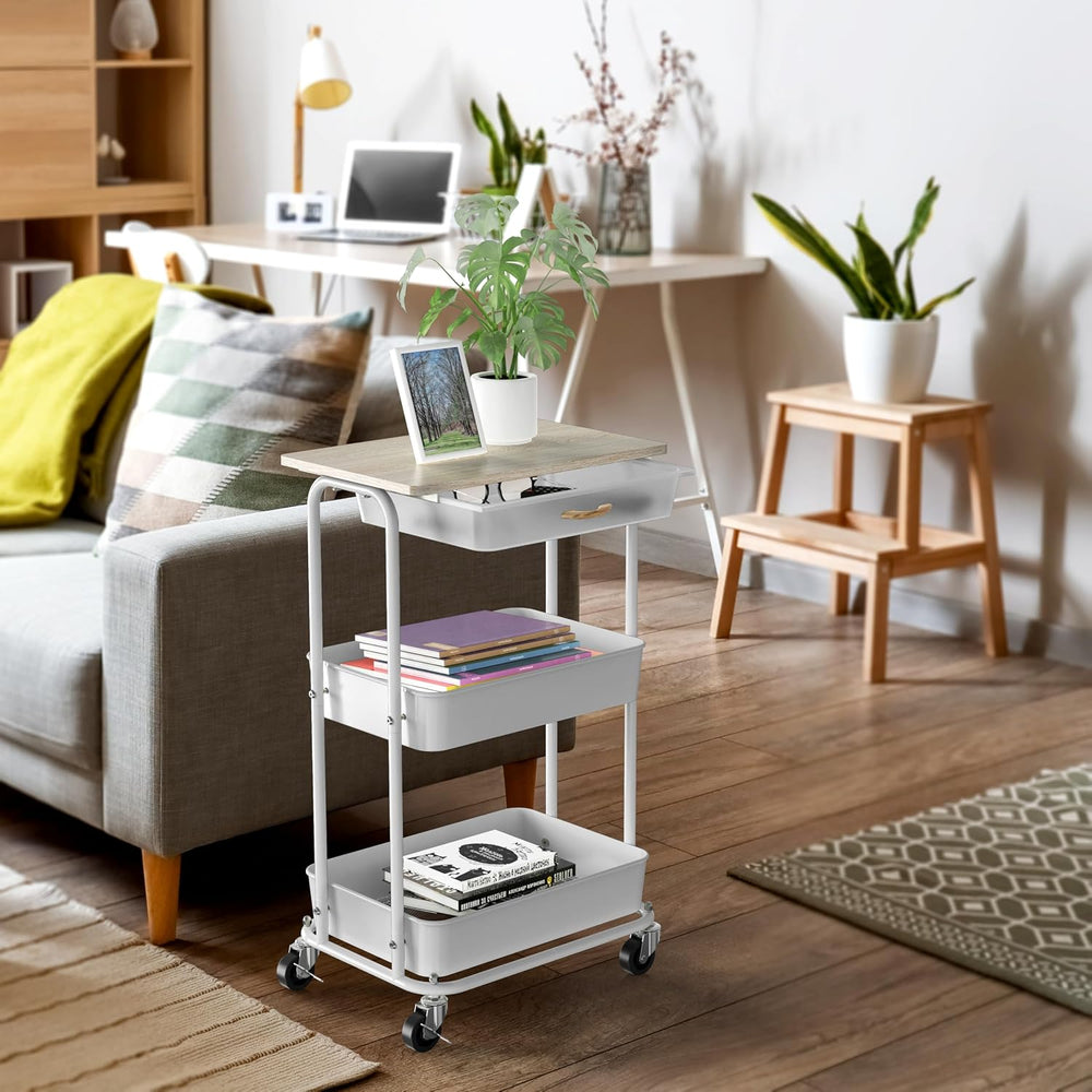 Simple Houseware 3-Tier Rolling Utility Cart with Drawer & Wood Top, Maple