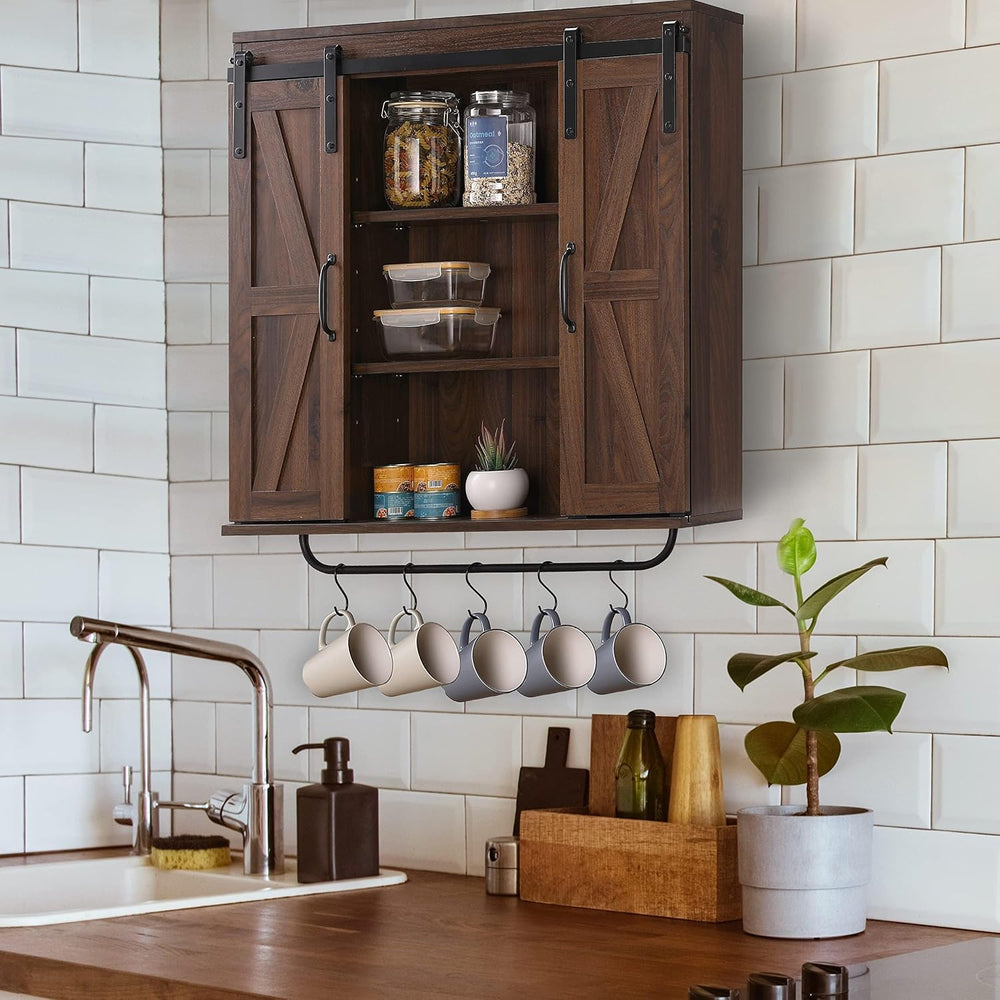 RUSTOWN Farmhouse Bathroom Wall Cabinet with Sliding Barn Door & Towel Rack