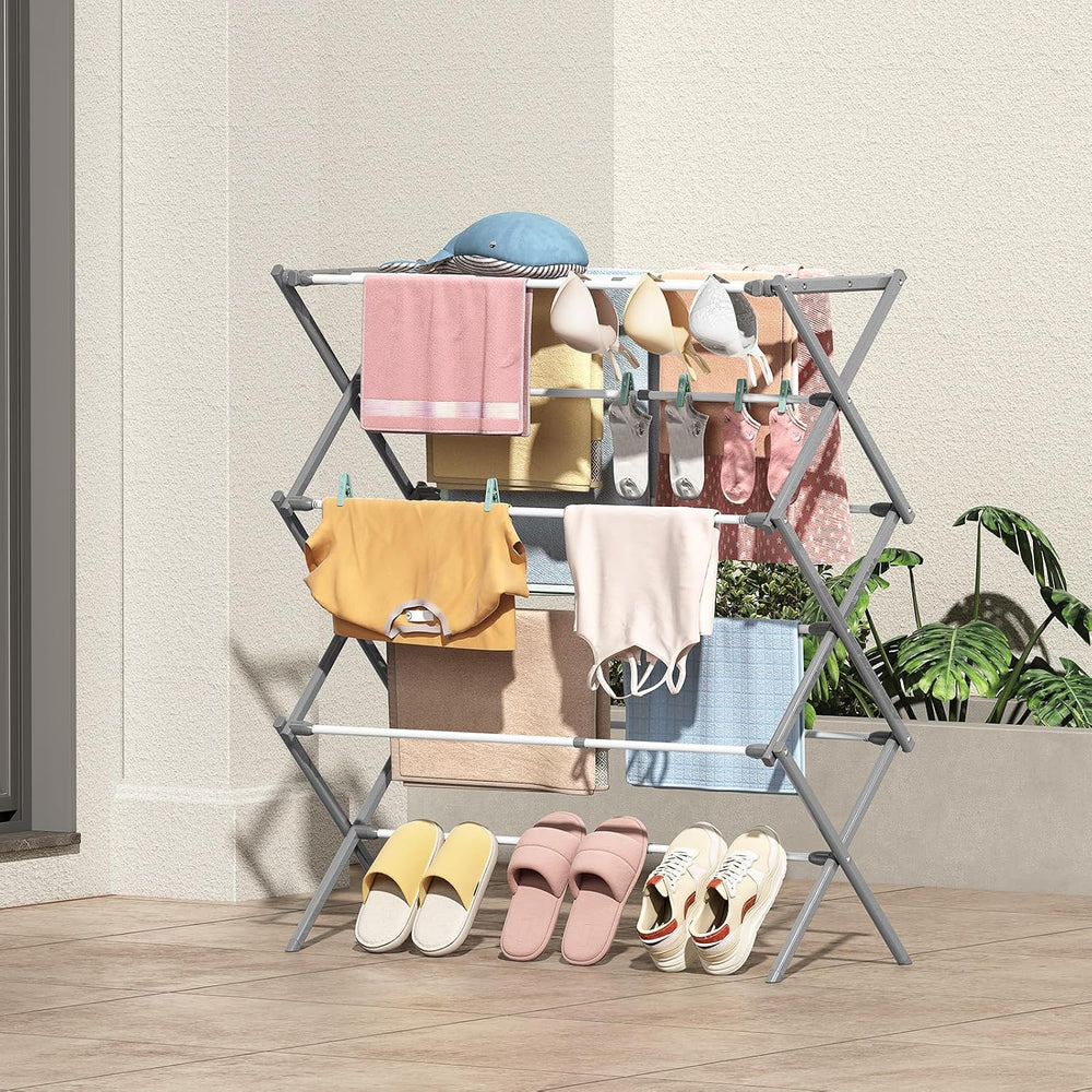 Clothes Drying Rack, 3-Tier Foldable Extendable, White & Grey