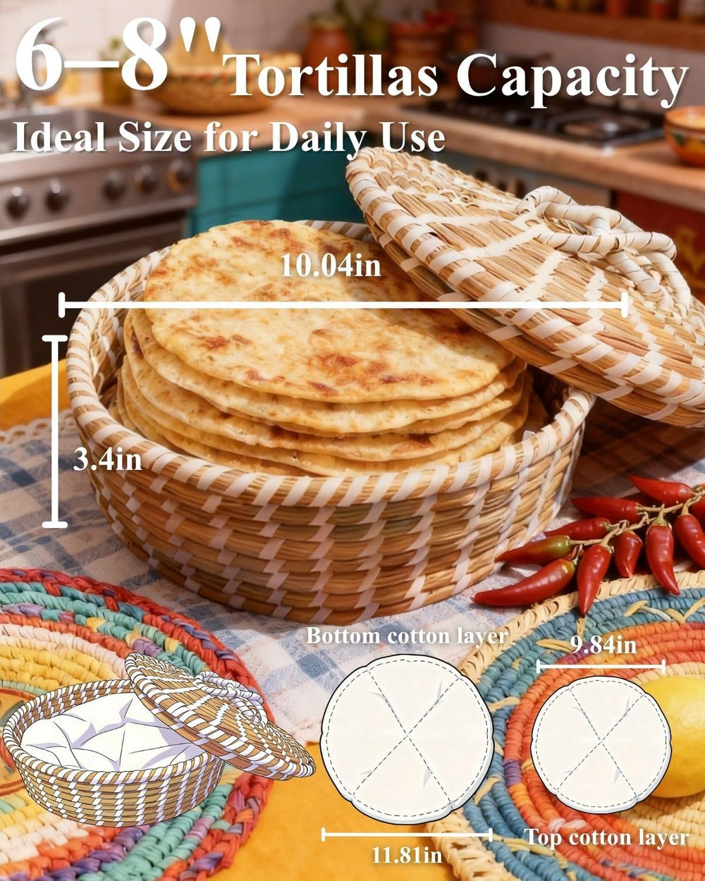 Handwoven Seagrass Tortilla Warmer Basket with Lid, 9.6" Breathable Natu...