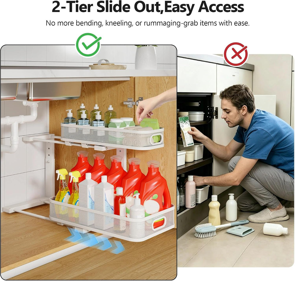 2 Pack Under Sink Organizer With Smooth Cylindrical Rail,2-Tier Pull Out Mult...