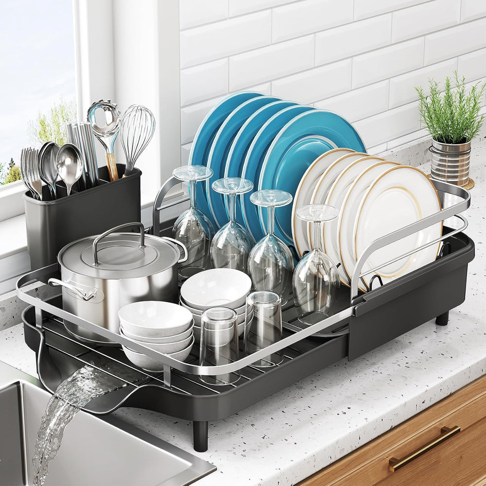 SNTD Expandable Dish Drying Rack for Kitchen Counter, 15.2-22.1 in, Black