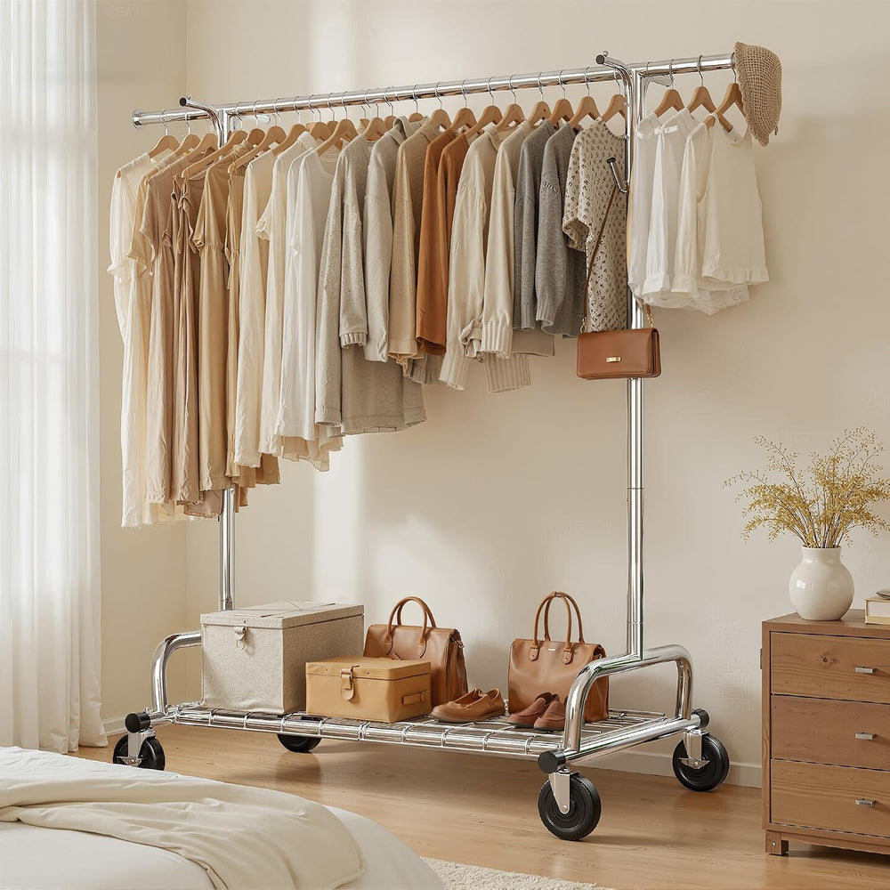 Raybee Heavy Duty Clothes Rack Rolling Garment Rack with Extra Hanging Hook