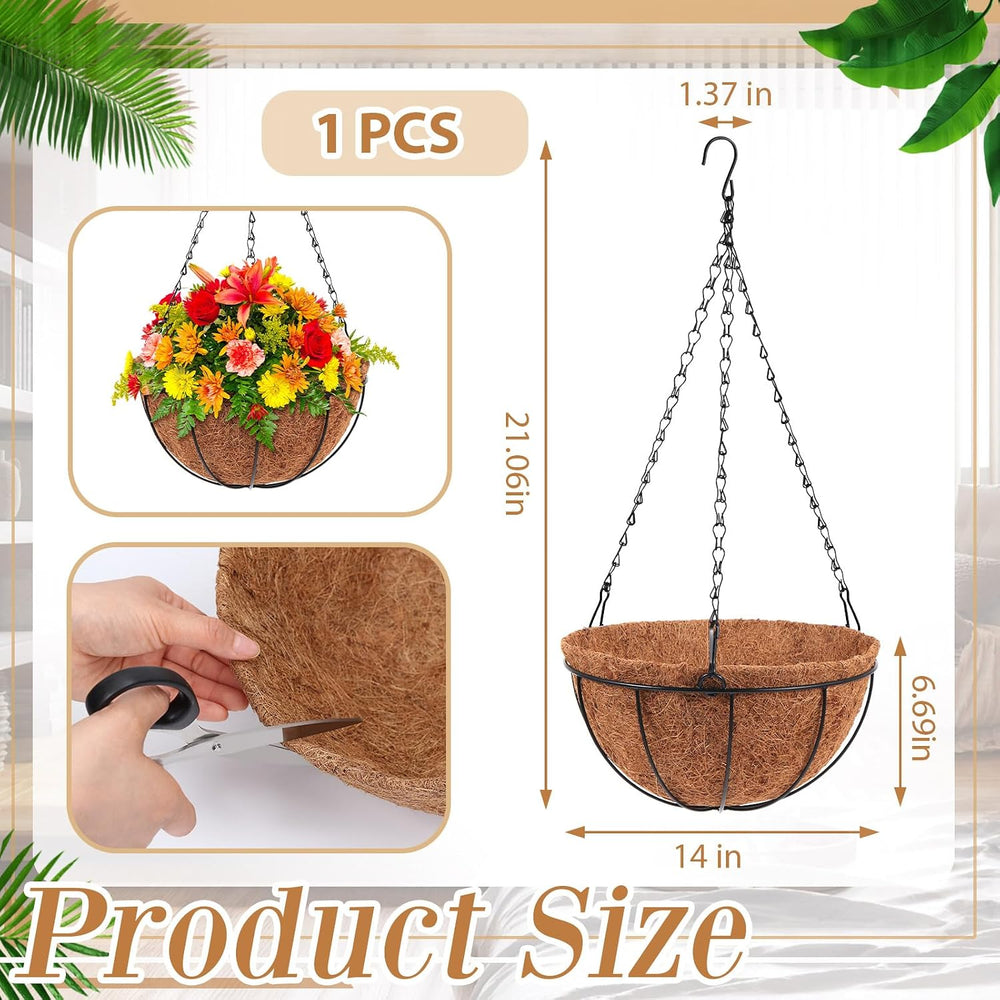 1 Pack Metal Hanging Planter Basket, Coconut Coir Liner, 14 Inch