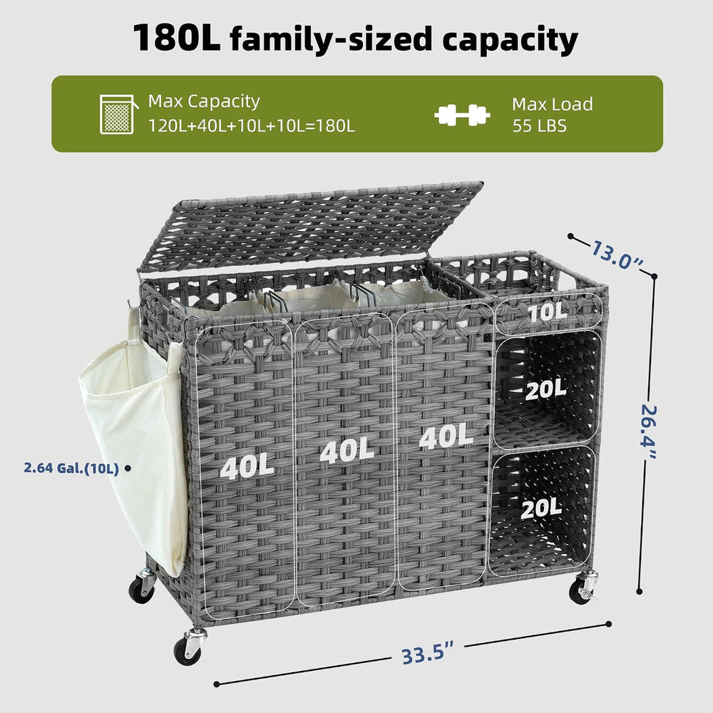 Laundry Hamper with Lid, 160L Rattan Wicker Laundry Basket with Wheels, Handw...