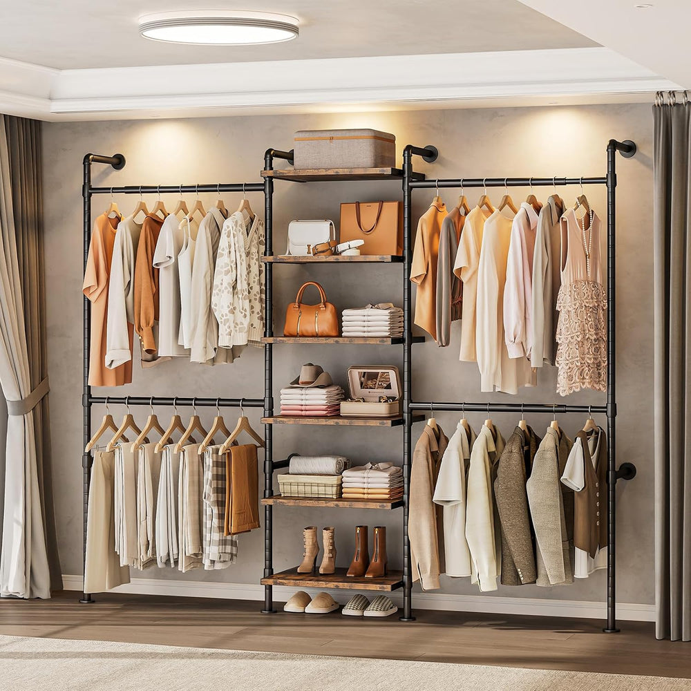 ONBRILL T1 Wall Mounted Closet System with 6 Wood Shelves & 4 Hanging Rods