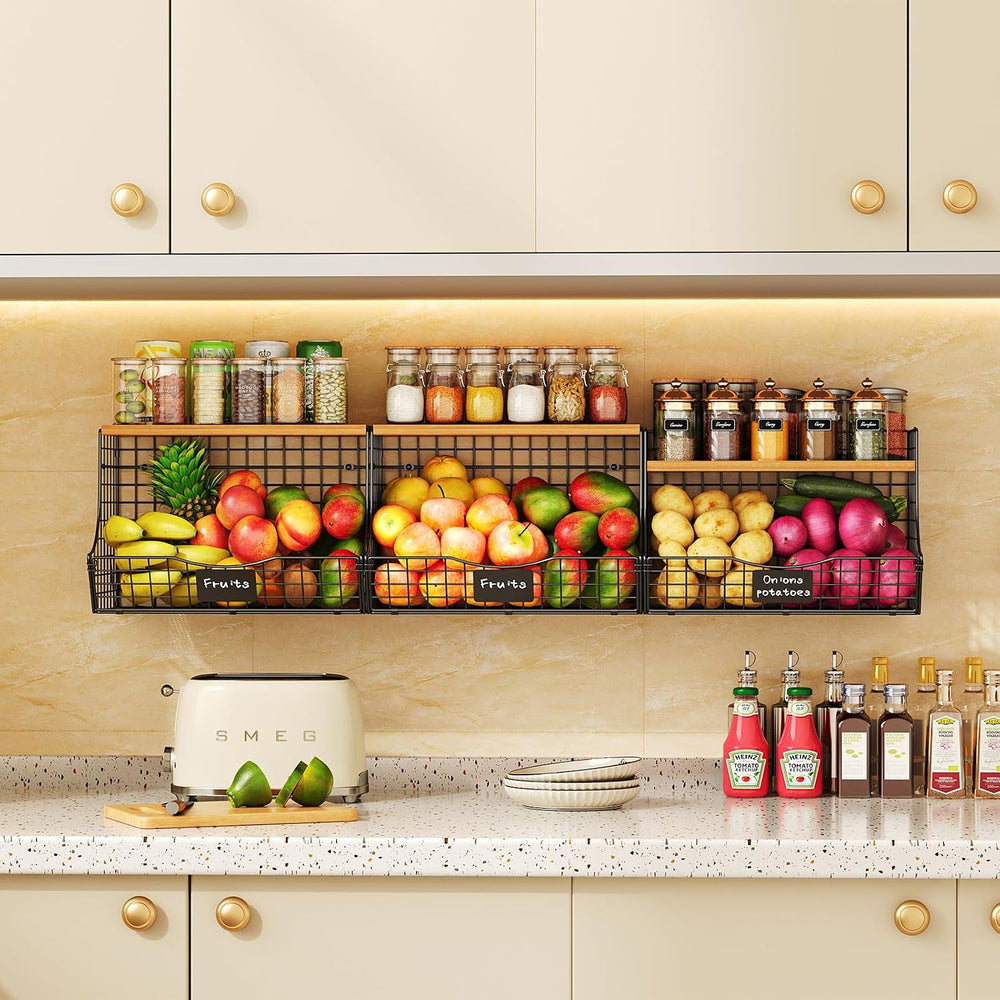 3 Pack Extra Large Fruit Basket for Kitchen with Wood Lid Nameplate - Counter...