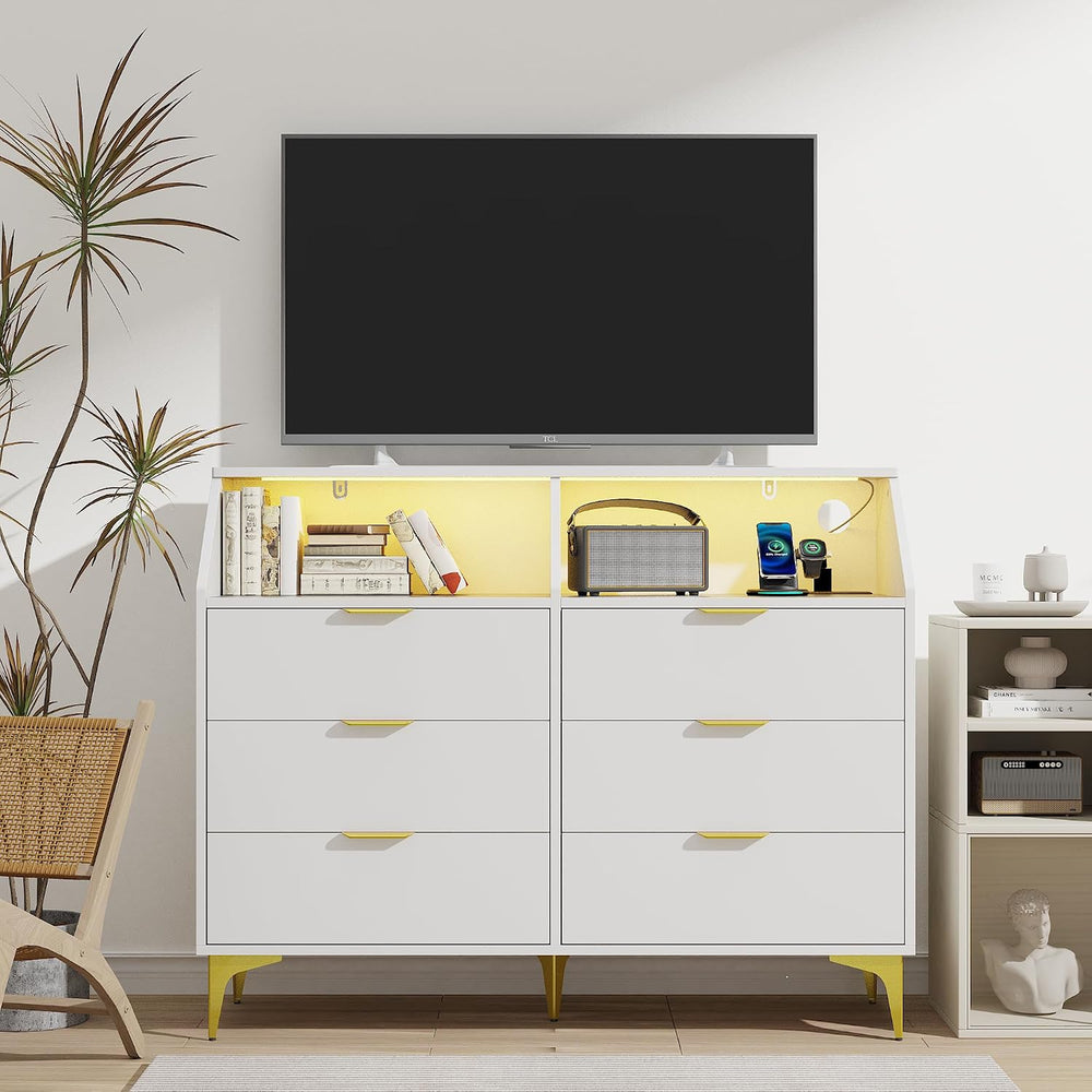 LOUVIXA 6 Drawer Dresser with LED Light, Chest of Drawers with Charging Stati...