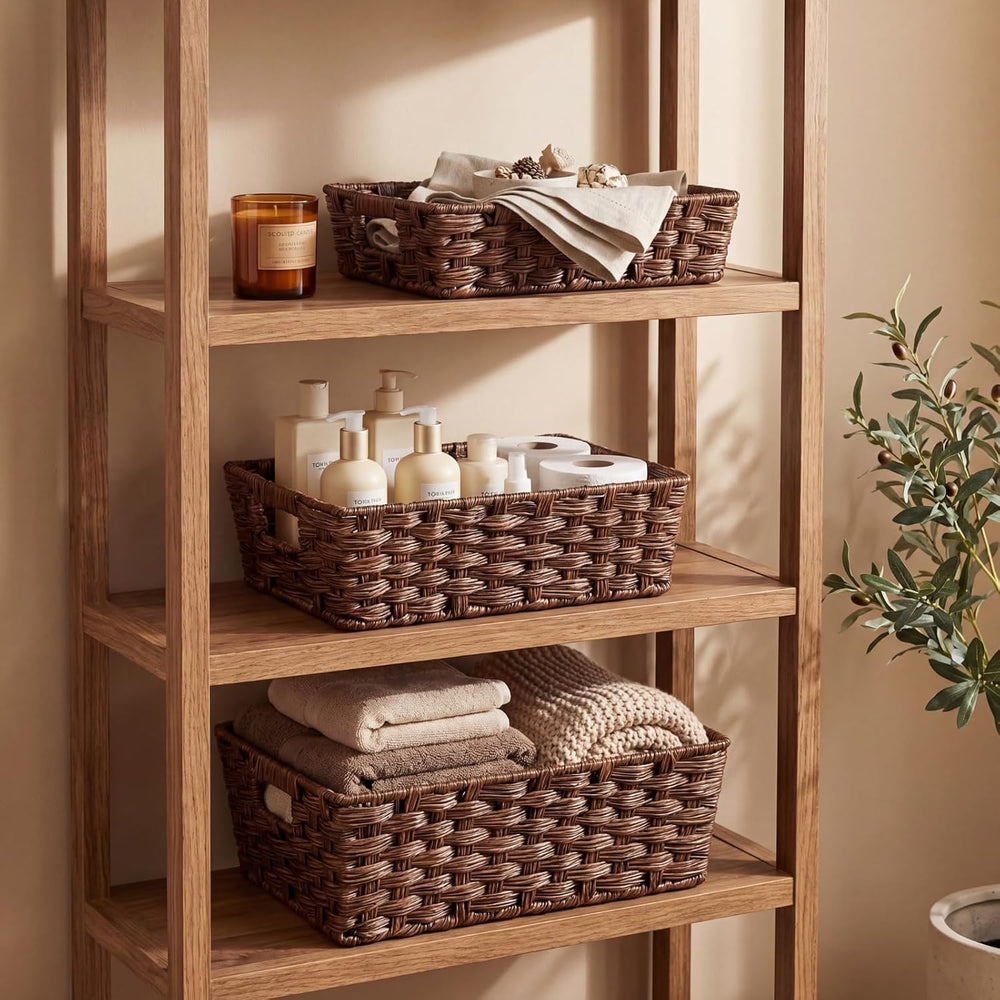 Set of 3 Large Wicker Storage Baskets for Organizing, Brown