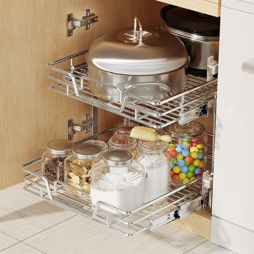 2-Tier Kitchen Cabinet Pull Out Shelf and Drawer Organizer Slide Out Pantry S...