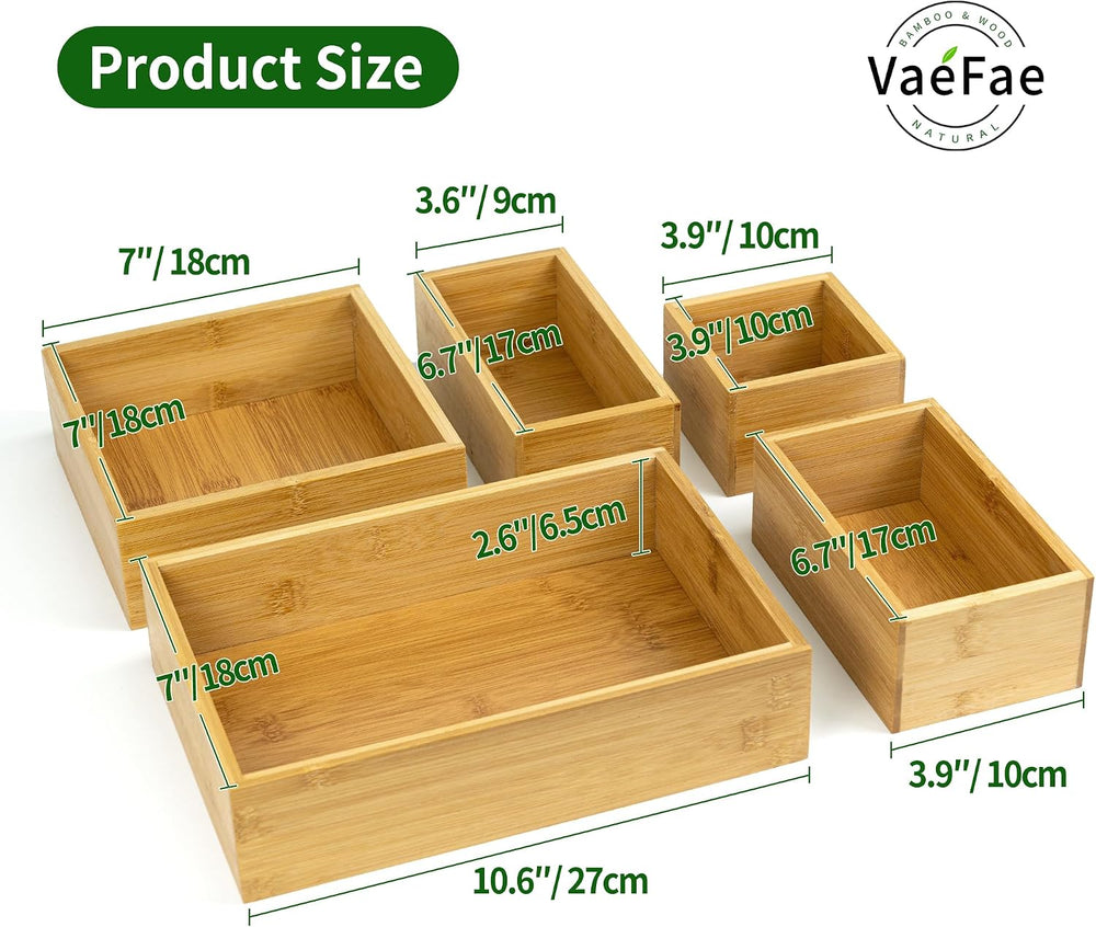 VaeFae 5 PCS Bamboo Drawer Organizers Set, 5-size Organizer Box, Storage Bins...