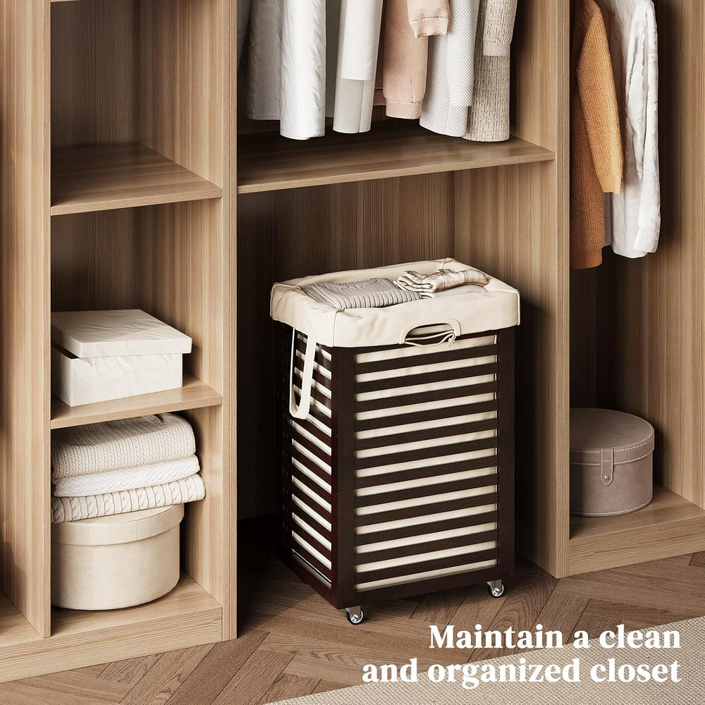 Bamboo Rolling Laundry Hamper 85L Clothes Storage Pin with Removable Liner