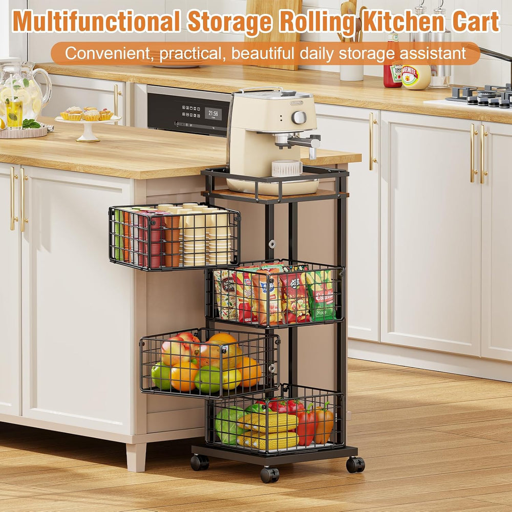 4-Tier Kitchen Storage Cart, Rotating Fruit Vegetable Storage Cart, Rolling K...