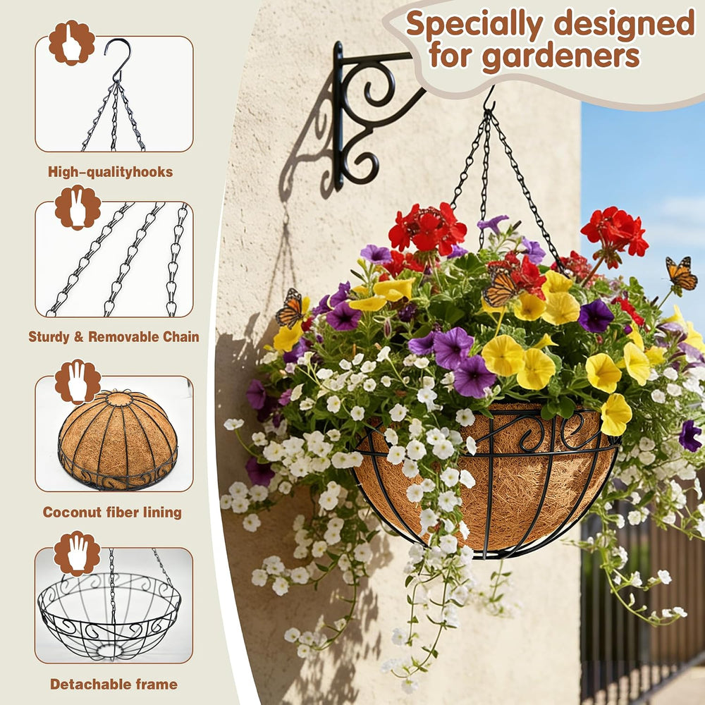 14 inch Metal Hanging Baskets For Plants Outdoor 4 Pack Round Metal Wire Hang...