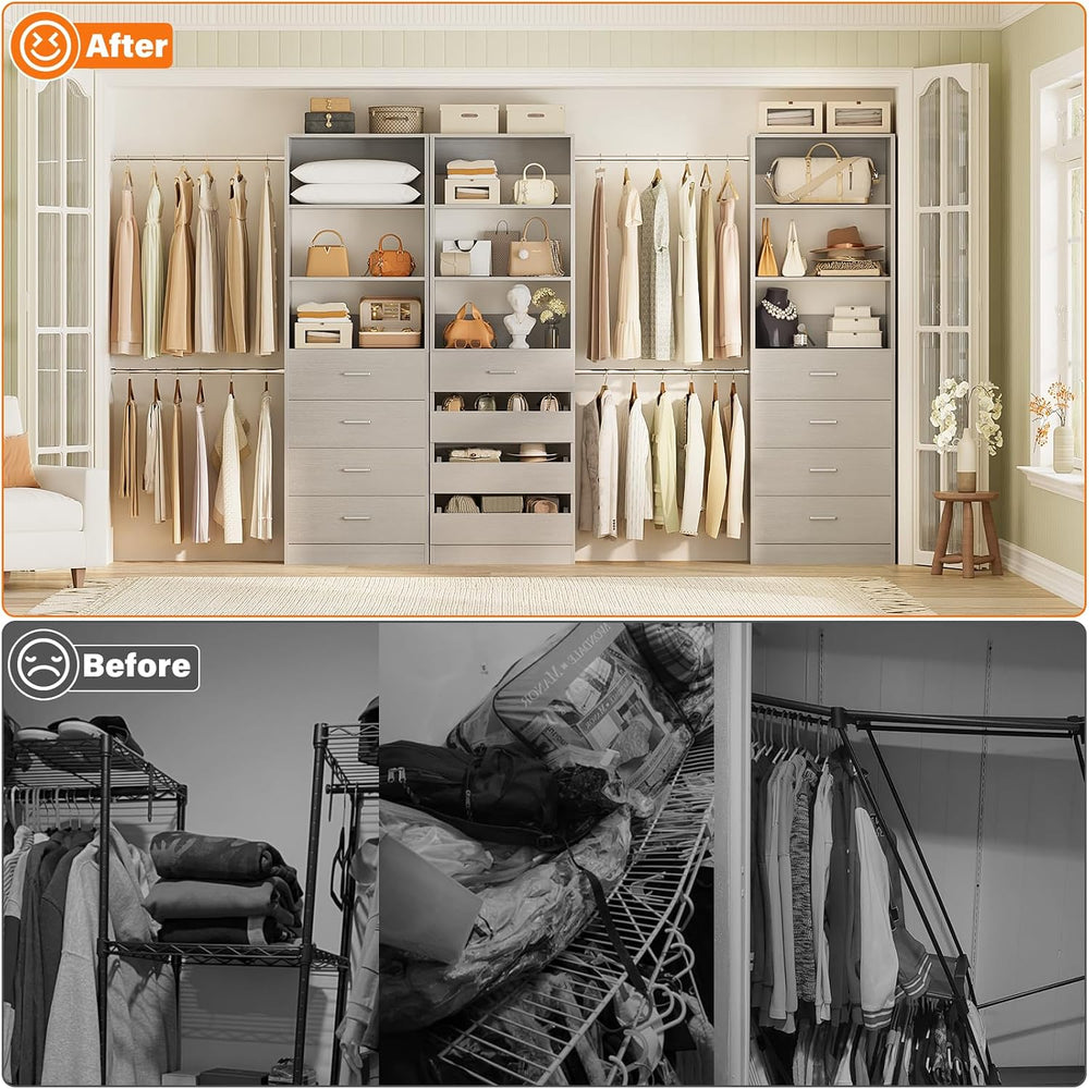 Aheaplus Closet System with 12 Drawers, 8.5-11.5Ft Closet Organizer System
