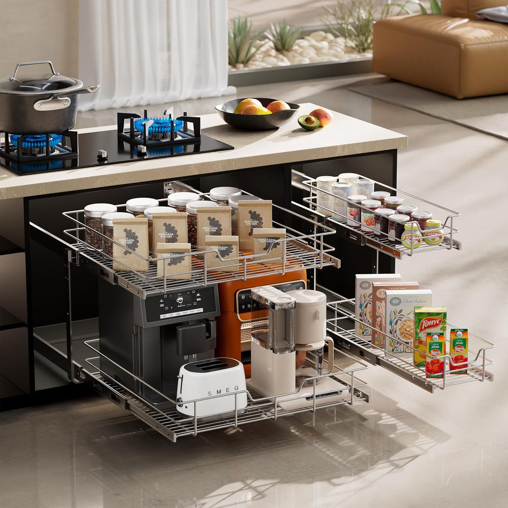 2 Tier Pull Out Cabinet Organizer 9" W X 22" D, Chromed, Full Slide...