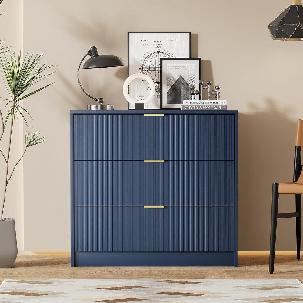 Fluted 3 Drawer Dresser for Bedroom, 31.5" Wide Chest of Drawers, Navy Blue