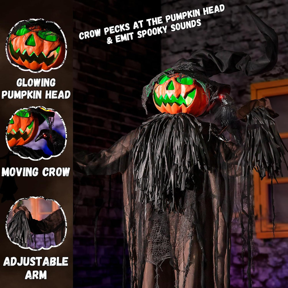 Halloween Animatronics Decorations, 5.5FT Animated Scarecrow with Pumpkin Hea...