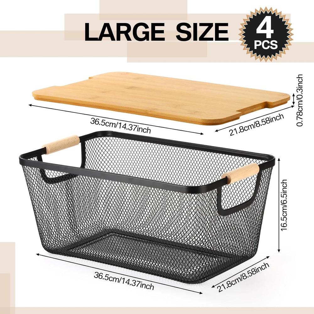 4 Pcs Black Metal Wire Basket with Wooden Handles and Bamboo Lids 14.37"...