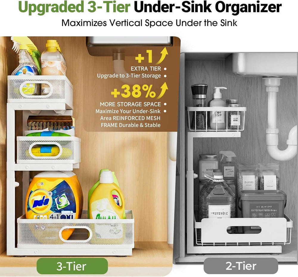 Under Sink Organizer 3 Tier, 2 Pack L-Shaped Pull-Out Cabinet Organizer with ...