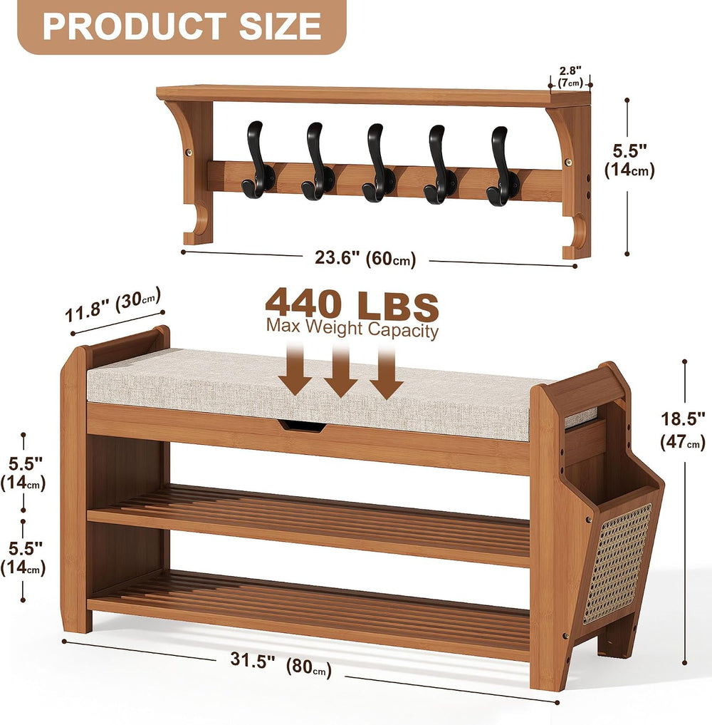 PETKABOO 31.5" Bamboo Shoe Rack Bench with Coat Rack, 3-Tier Entryway Be...