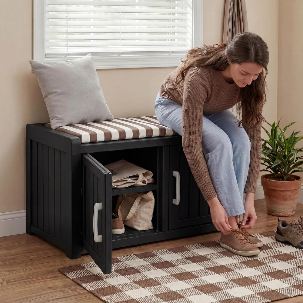 2-Tier Storage Bench, Waterproof UV-Resistant Outdoor Shoe Storage Cabinet ，O...