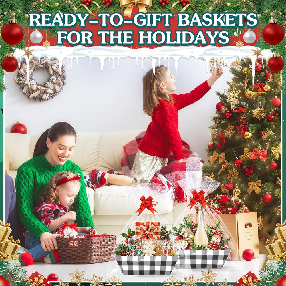 AFOROEOA 10 Pack Christmas Gift Baskets Empty, 10x12 Inch Black Plaid Gift Ba...