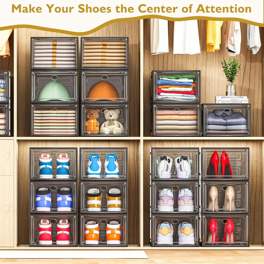 Sturdy Clear Shoe Organizer with Magnetic Door, Stackable Shoe Storage Box