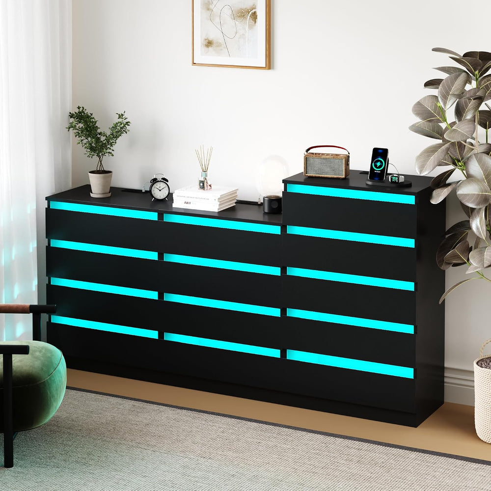 Tall Black Dresser with Power Outlets & LED Lights, 5 Drawer Tall Dresser...