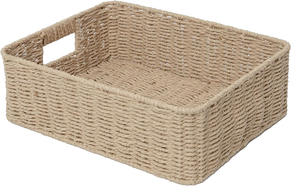 Rectangular Woven Paper Rope Storage Baskets for Shelves(Khaki)