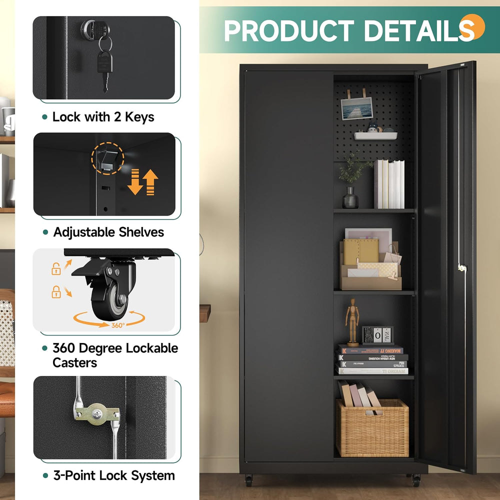 Metal Garage Storage Cabinet with Locking Doors & Pegboard, 71" H Ro...