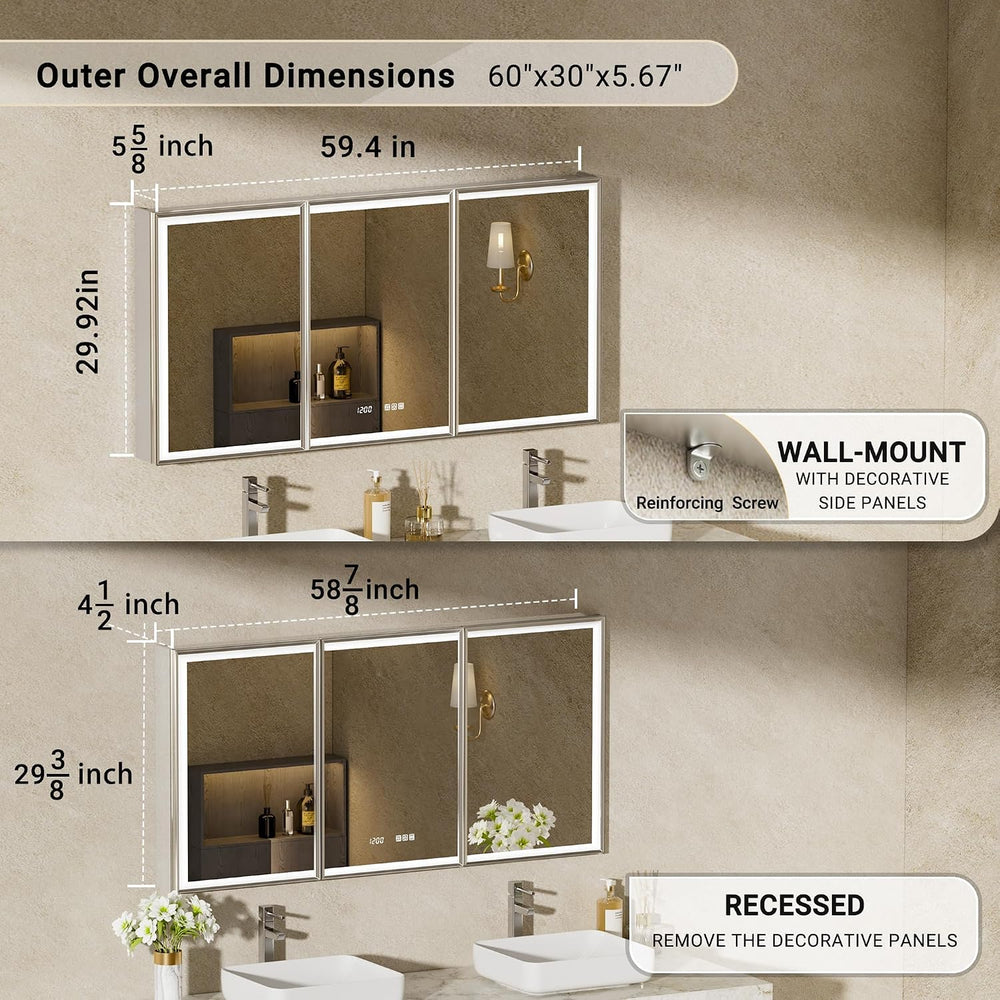 60x30 Lights Medicine Mirror Cabinet, Beveled Brushed Nickel Frame
