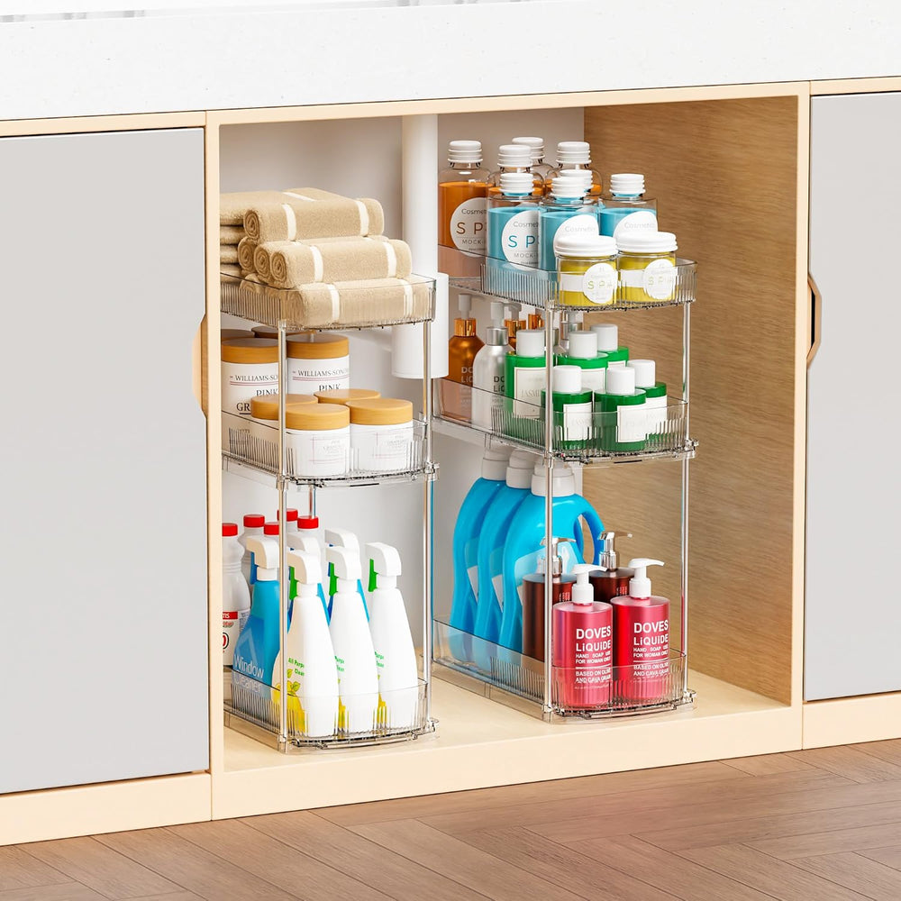 2 Pack 13.8″ Deep 3 Tier Under Sink Storage Organizer,Large Pull Out Bathroom...
