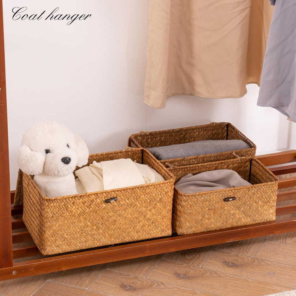 Nonam Wicker Storage Basket with Lid,Seagrass Shelf Basket Set of 3,Natural