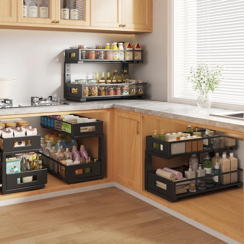 2 Packs 21IN Depth Under Sink Organizer, 2-Tier Pull Out Cabinet Organizer Wi...