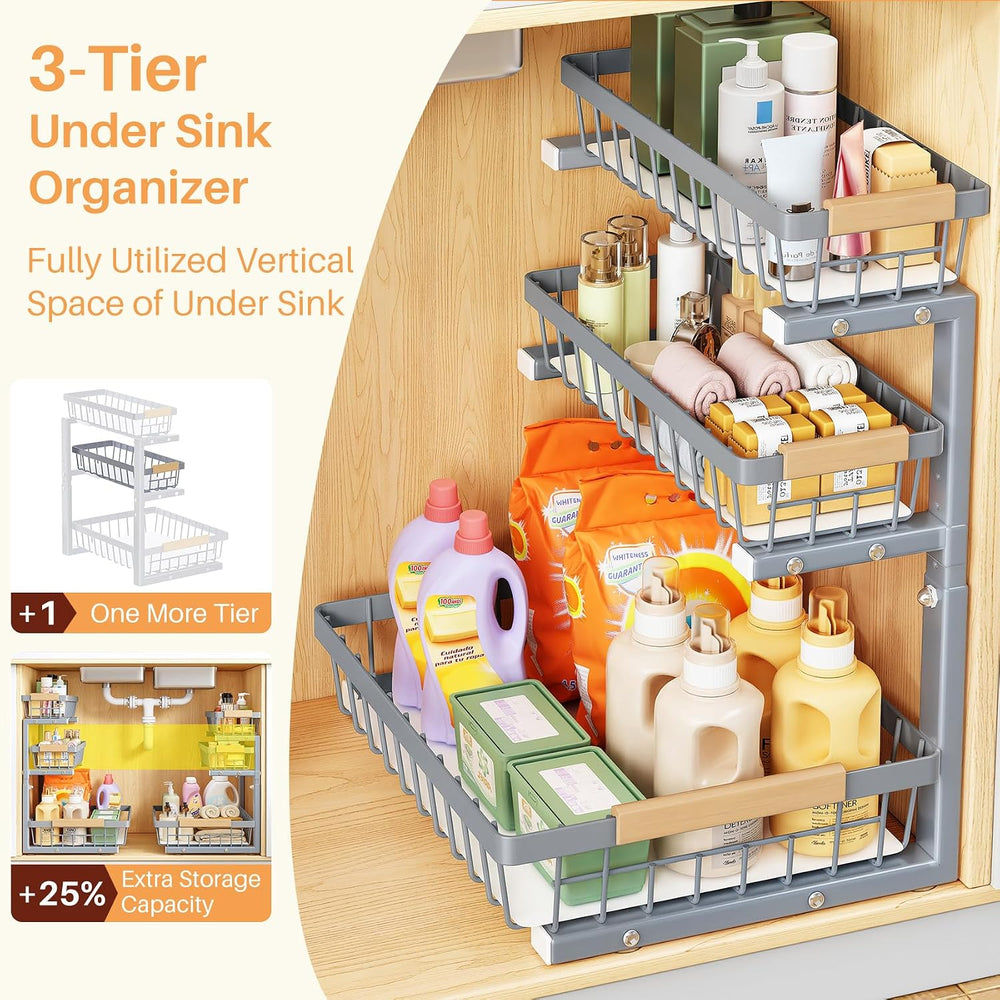 PXRACK Under Sink Organizer, 1-Pack 3-Tier Height Adjustable Thickened Metal ...