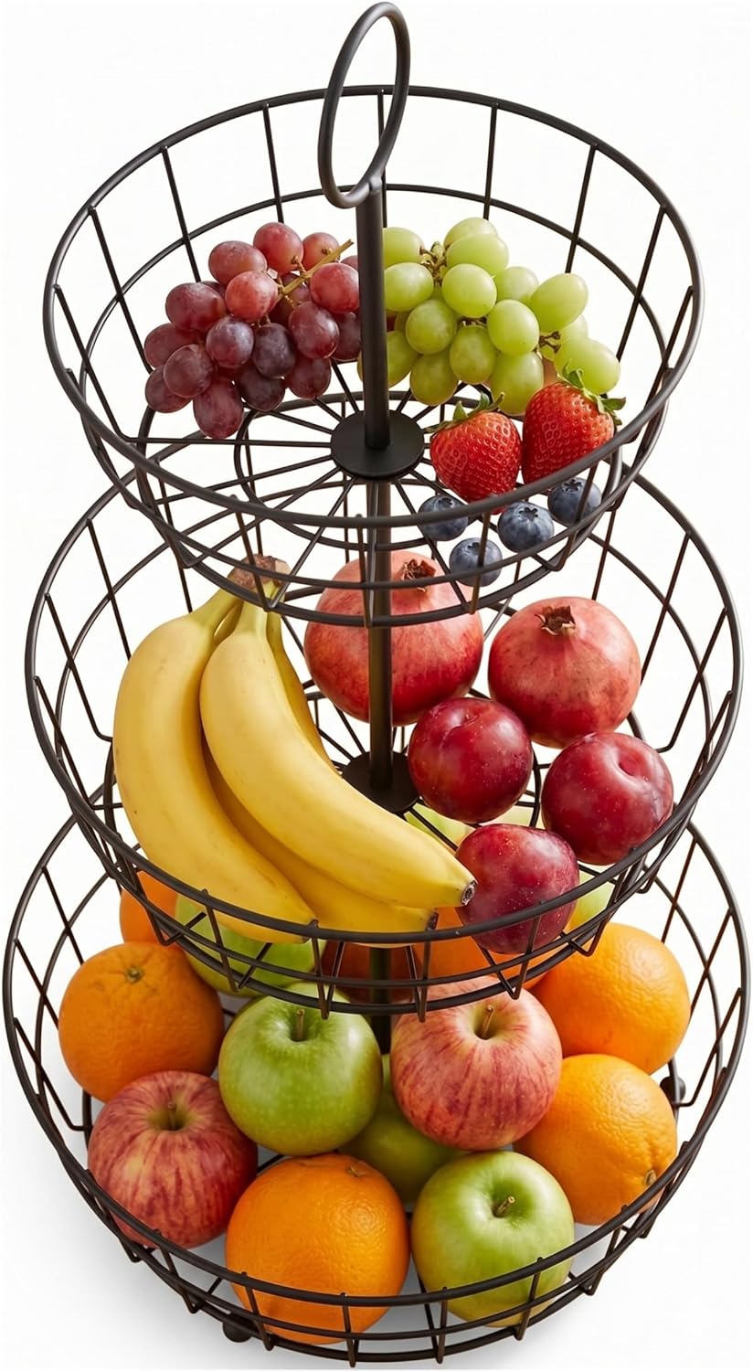 HANZE 3-Tier Wire Fruit Basket Bowl, Detachable Vegetable Bread Basket Displa...
