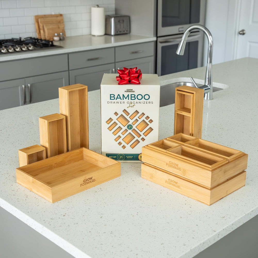 Grow Forward Bamboo Drawer Organizer Boxes - Set of 21 Wooden Drawer Organize...