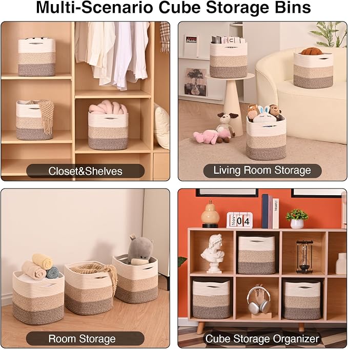 11 Inch Cube Storage Bins, Storage Cube Organizer Bins, Woven Cotton Rope (Pa...