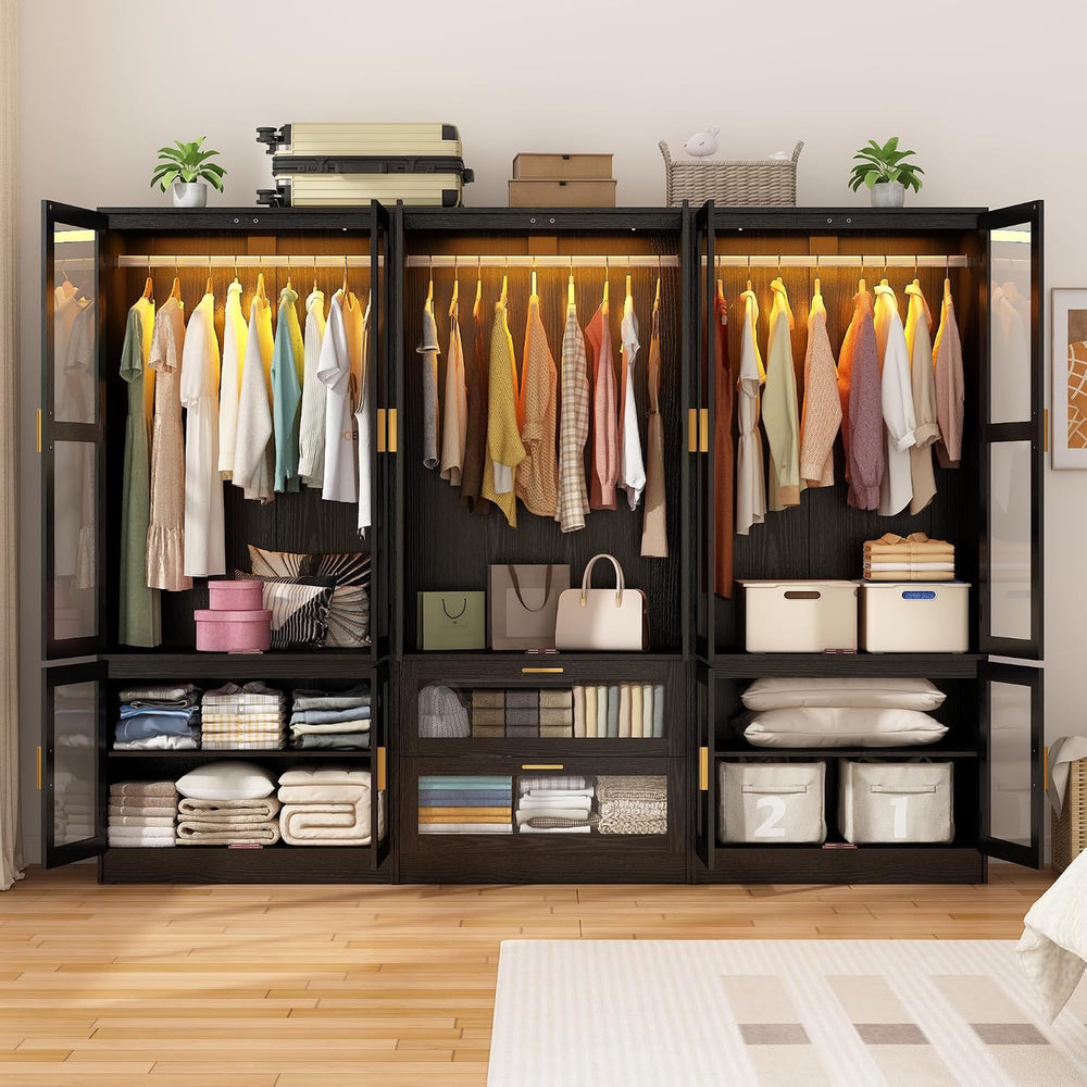 6 Doors Armoire Wardrobe Closet with LED and Mirror,71" H Freestanding W...