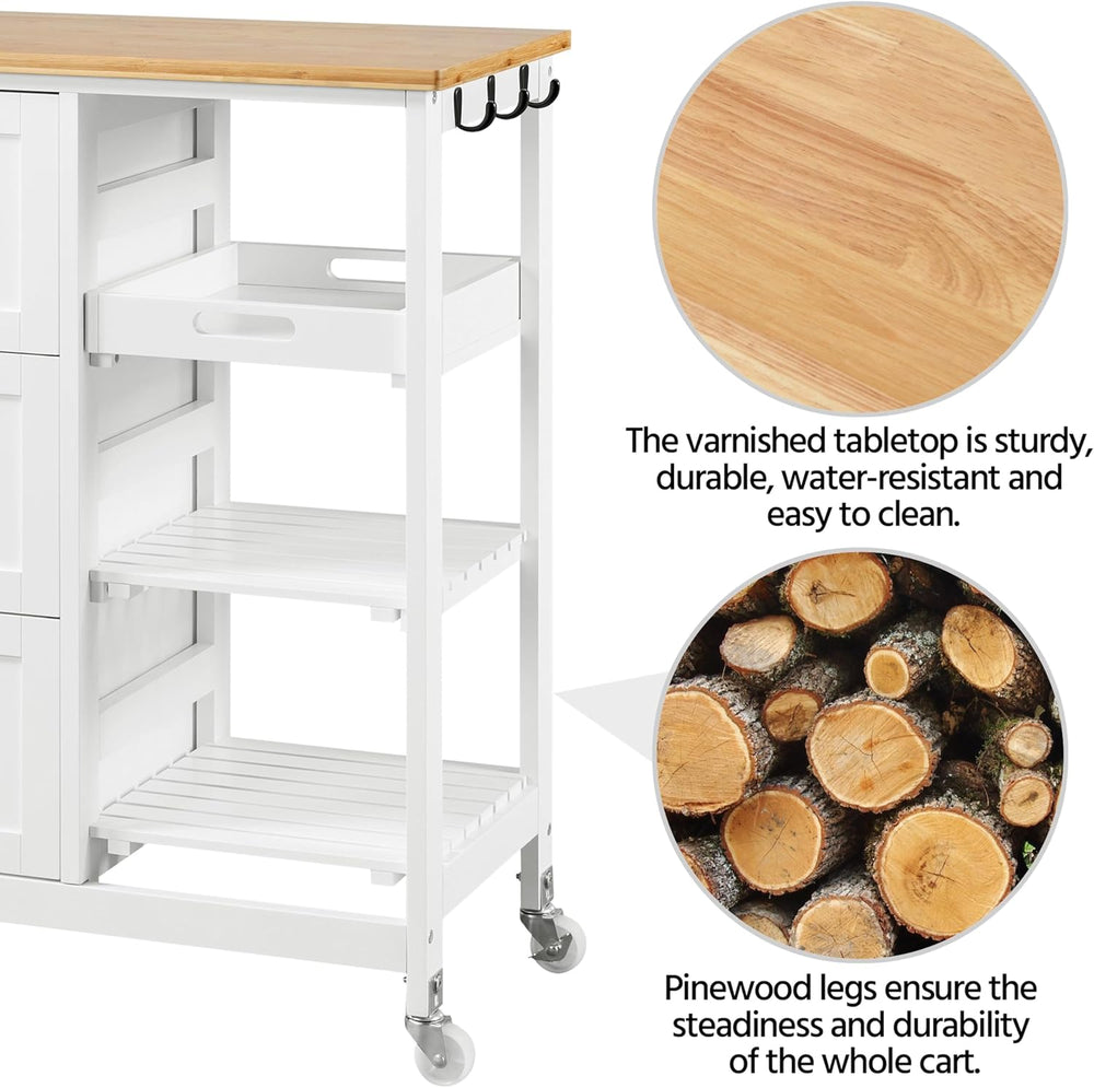 Yaheetech Kitchen Island Cart on Wheels with 3 Drawers and 3 Shelves, White