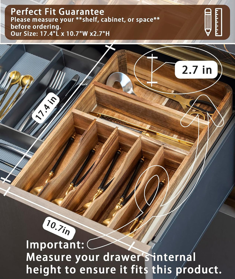 Silverware Drawer Organizer, Acacia Wood Tray for Cutlery & Flatware | Fi...