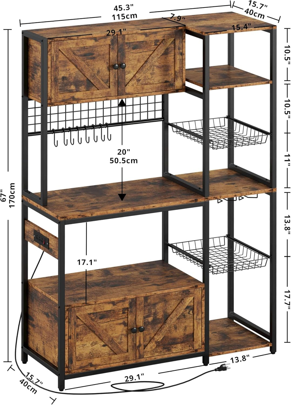 IRONCK Bakers Rack with Cabinet and Power Outlet, Coffee Bar, Vintage Brown