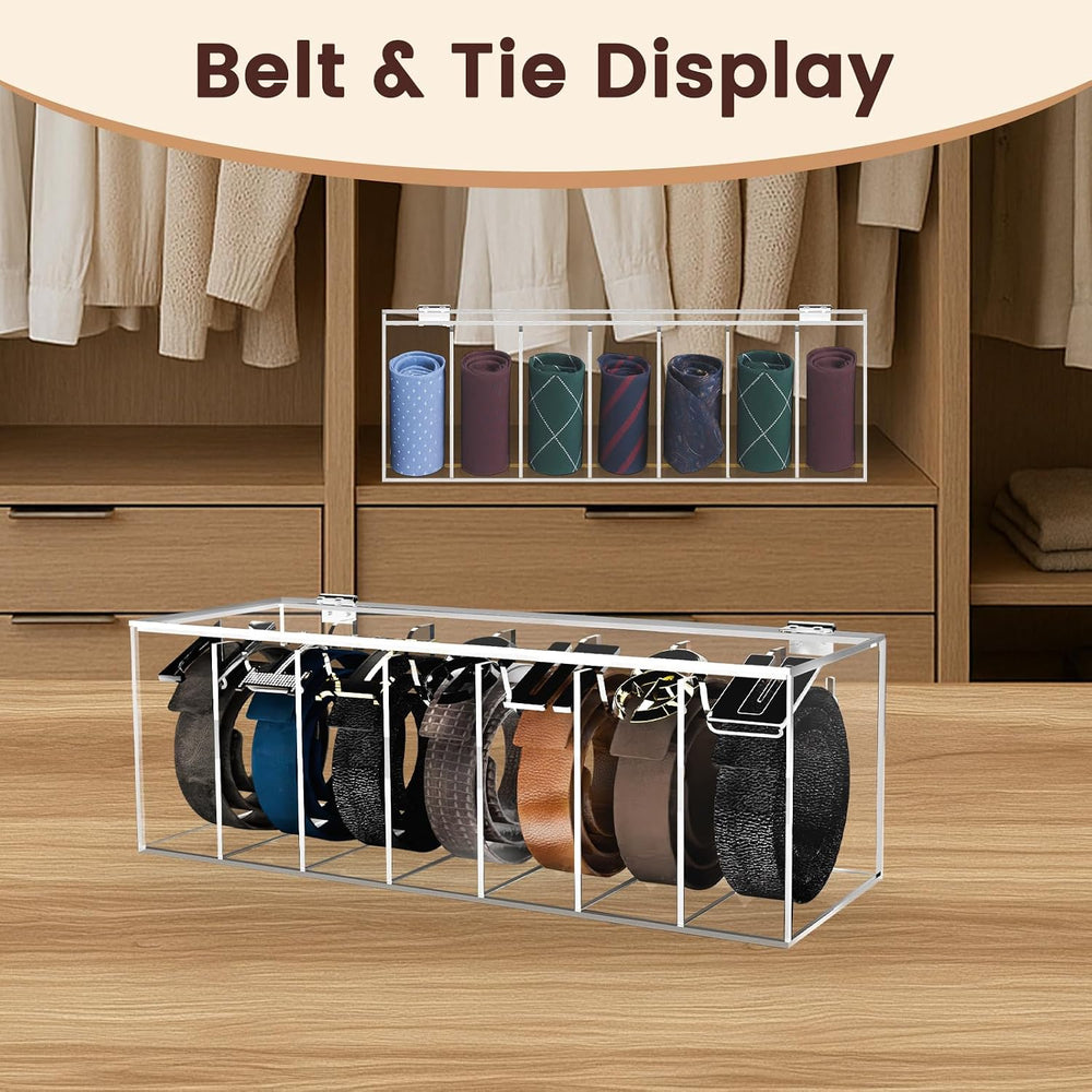Acrylic Belt Organizer 7-Compartment Clear Storage Case with Flap Cover