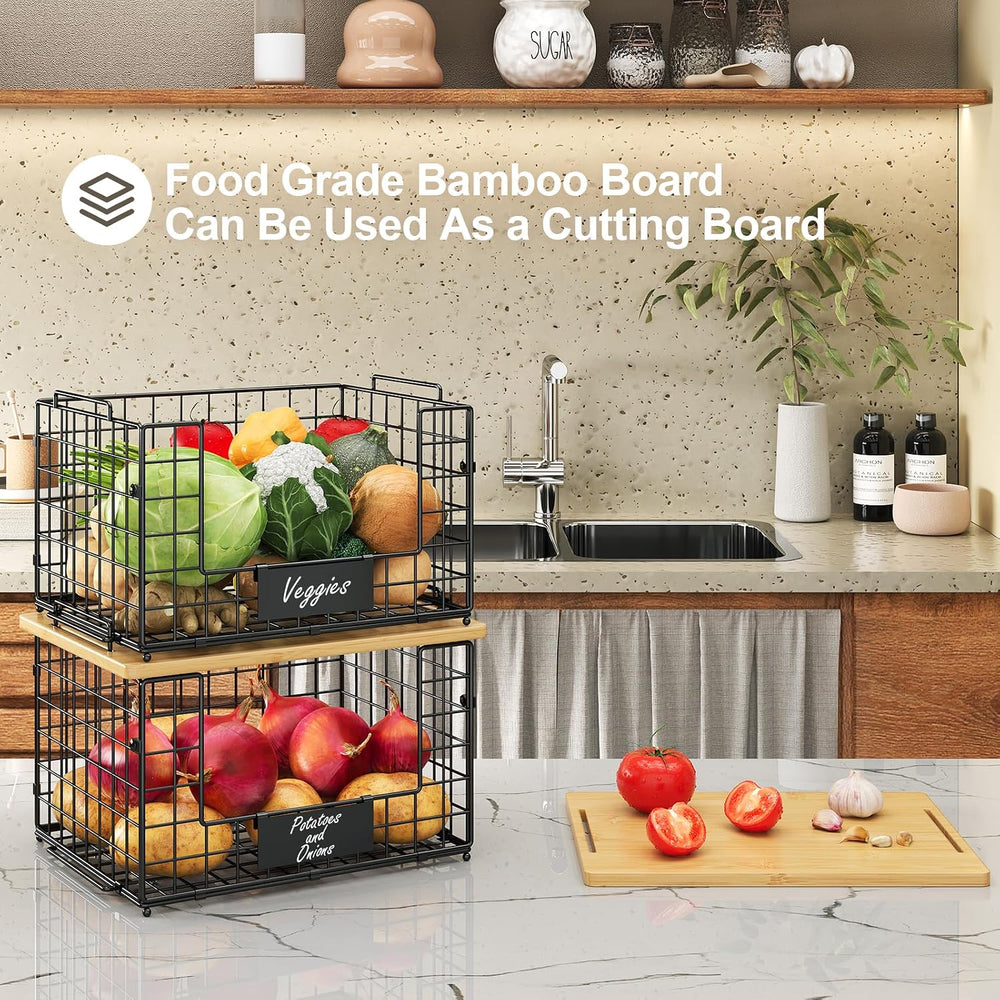 2-Pack Stackable Wire Baskets with 2 Pads & Bamboo Top, Pantry Organizer