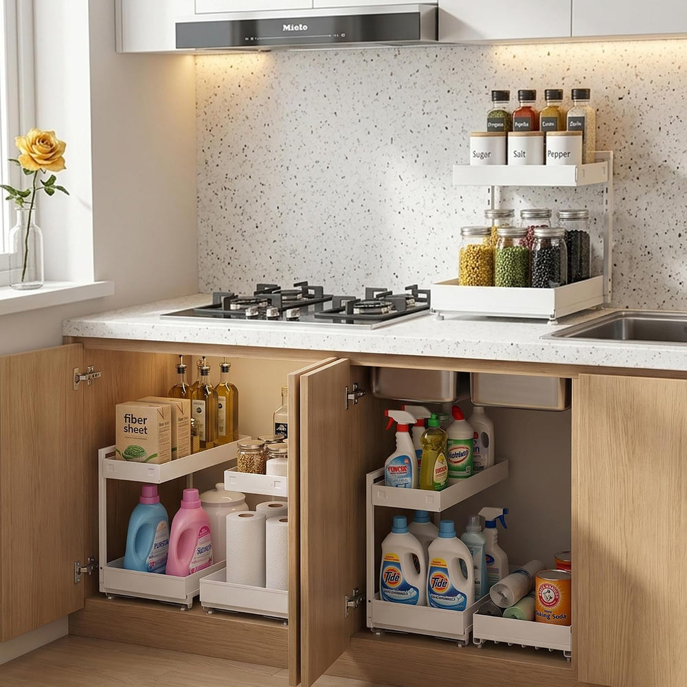 Under Sink Organizer 2 Pack, 2-Tier Metal Slide-Out, Height Adjustable