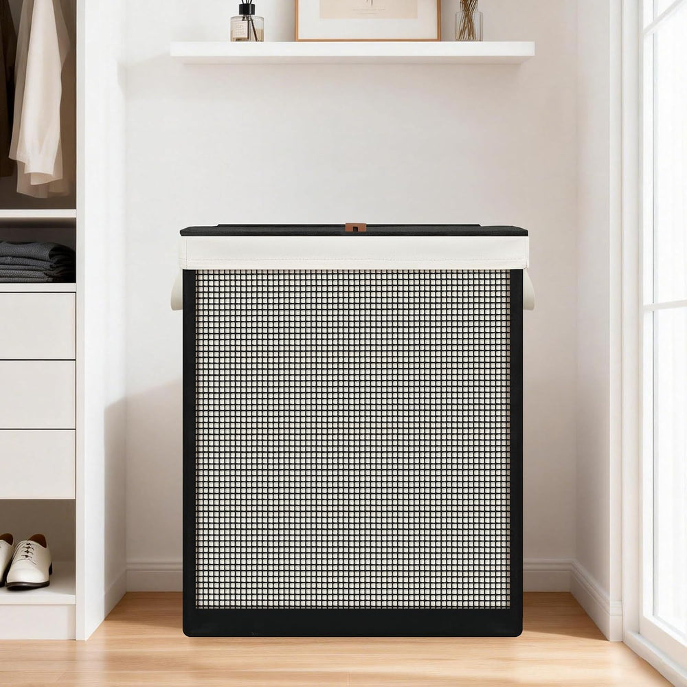 2 Section Laundry Hamper with Lid, 140L Steel-Frame Double Laundry Hamper wit...