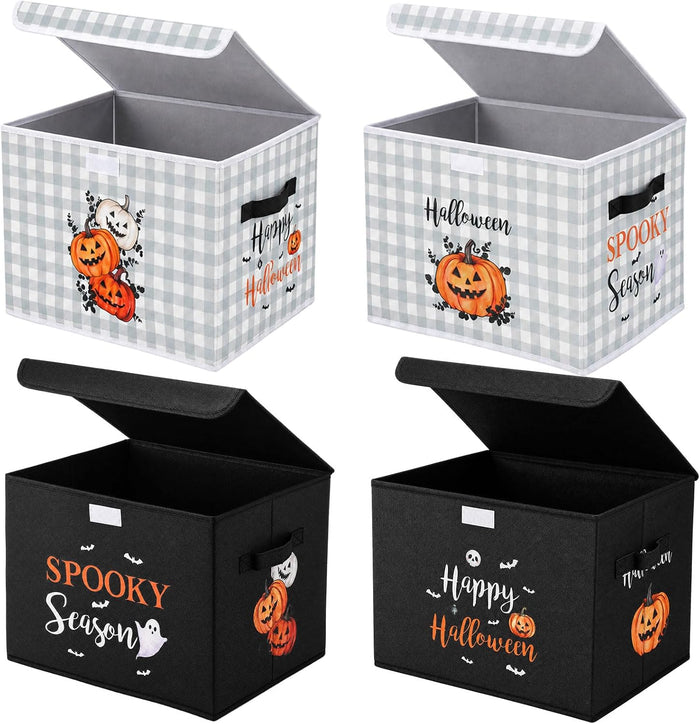 CHENGU 4 Pcs Black White Halloween Storage Bin with Lid and Carrying Handle