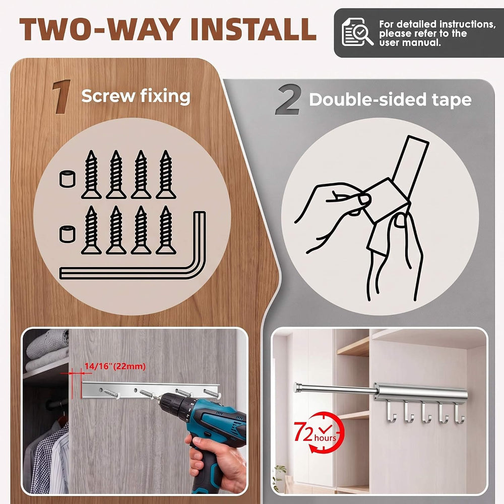 Valet Rod for Closet, 12" Pull Out Retractable with 5 Hooks（Chrome)