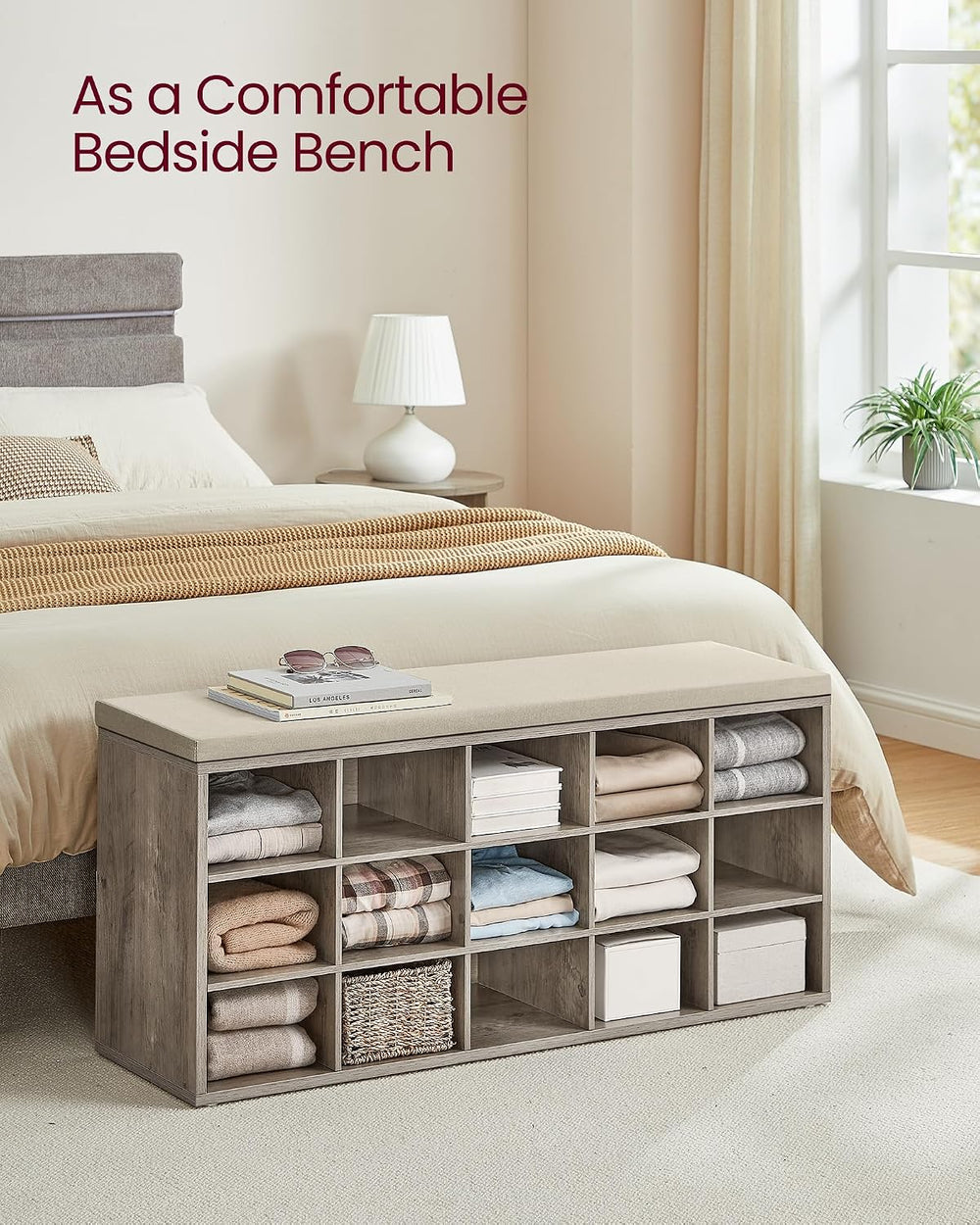 VASAGLE Shoe Bench with Cushion, 15 Compartments, 11.8 x 41.3 x 18.9 Inches